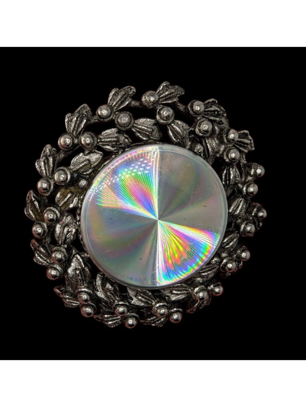 Vintage Prismatic Wreath Brooch With Iridescent Glass Centerpiece & Ornate Silve